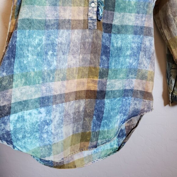 Anthropologie Isabella Sinclair Plaid Ruffle Henley Top Acid Wash Size Womens XS - Picture 4 of 11